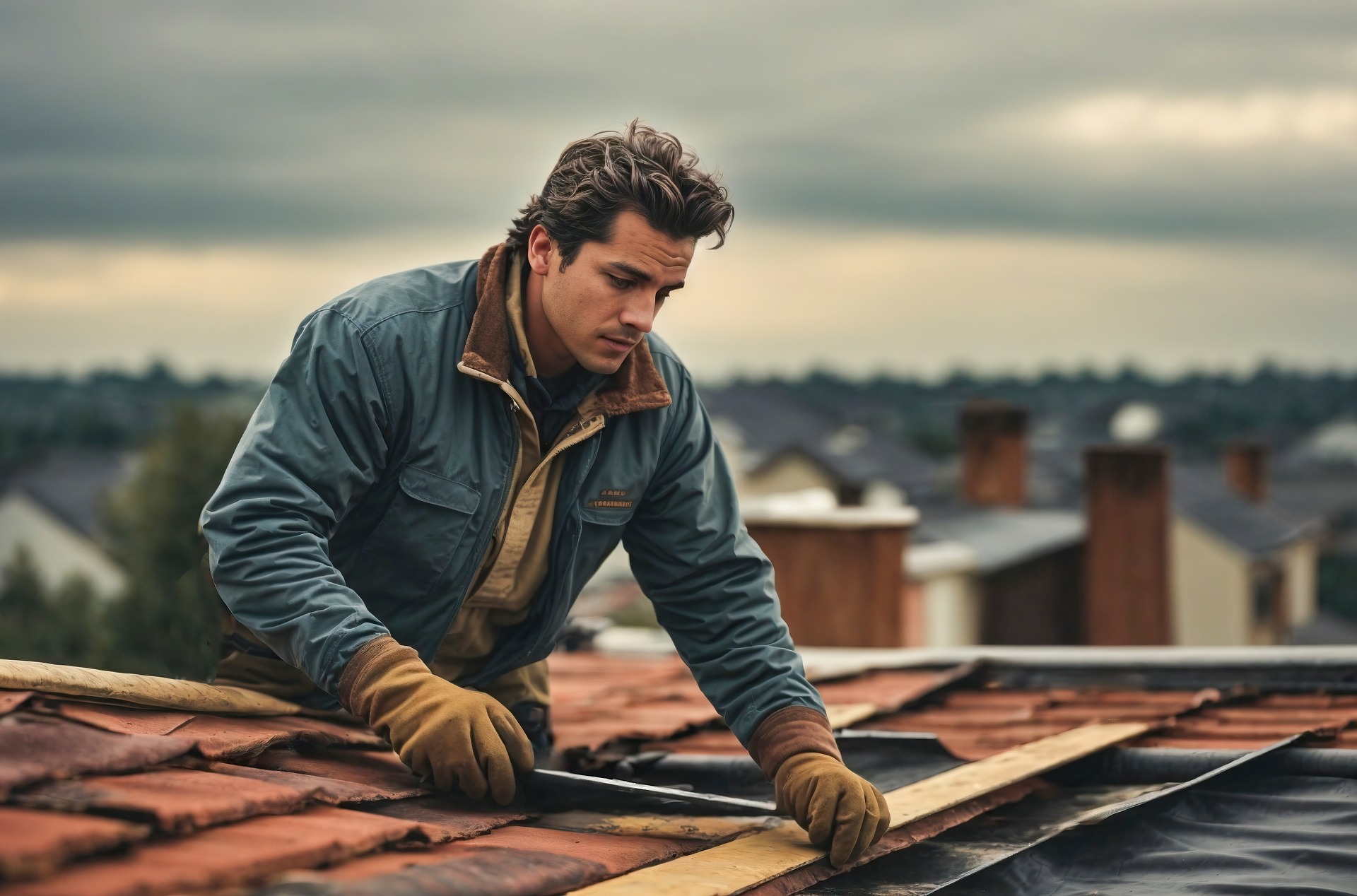 Professional roofer installing shingles