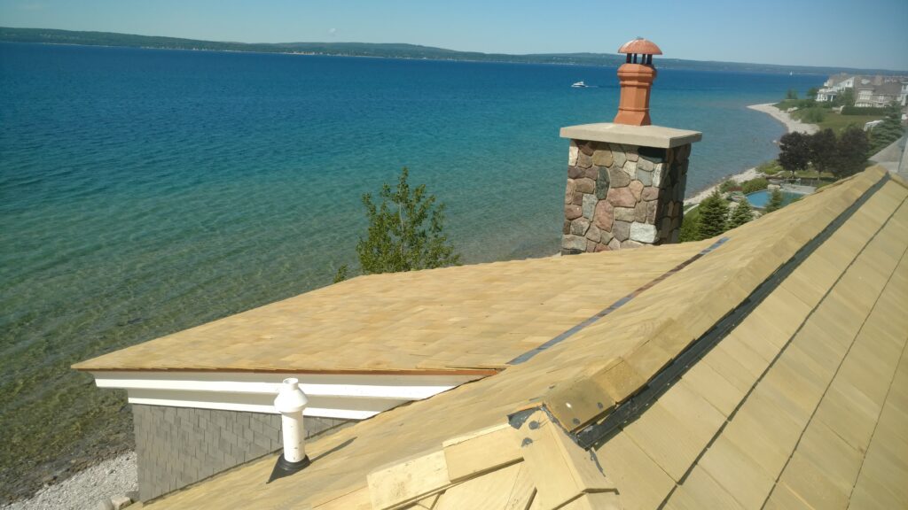 Cedar Roofing aerial shot at a northern Michigan beach